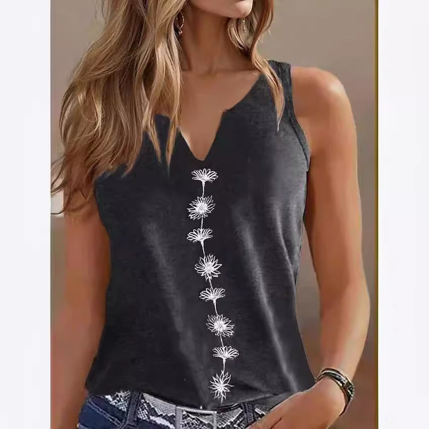 Casual Loose V-neck S Print Sleeveless T-shirt