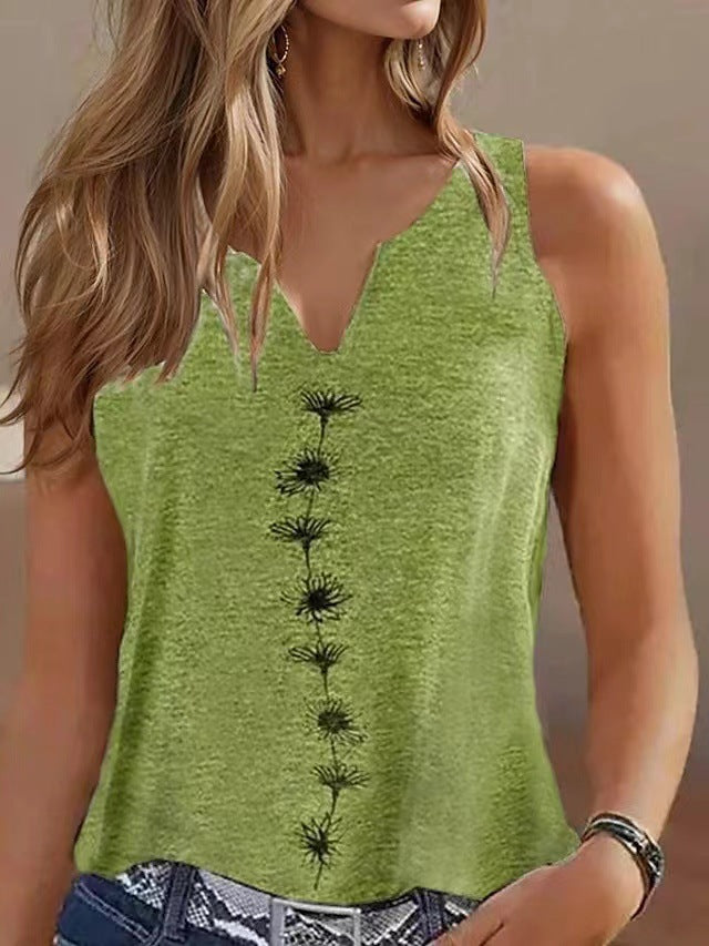 Casual Loose V-neck S Print Sleeveless T-shirt