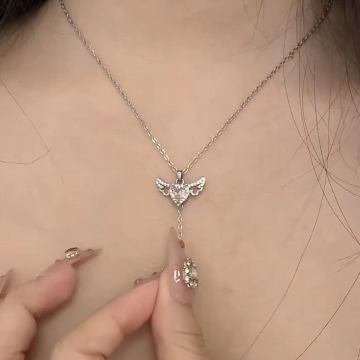 Moving Cupid Heart Angel Wings Necklace