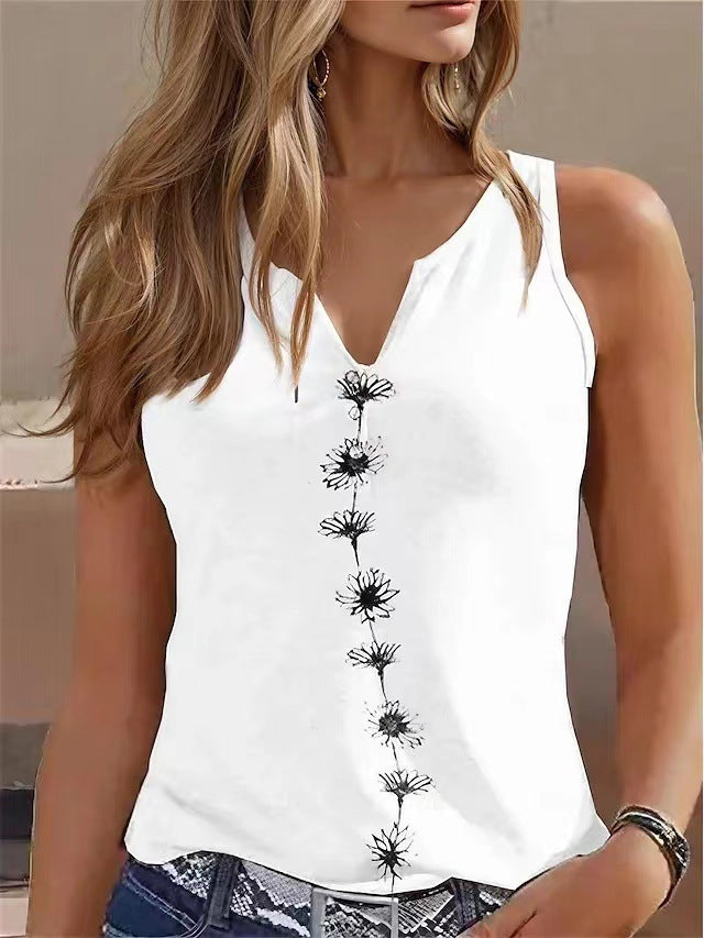 Casual Loose V-neck S Print Sleeveless T-shirt