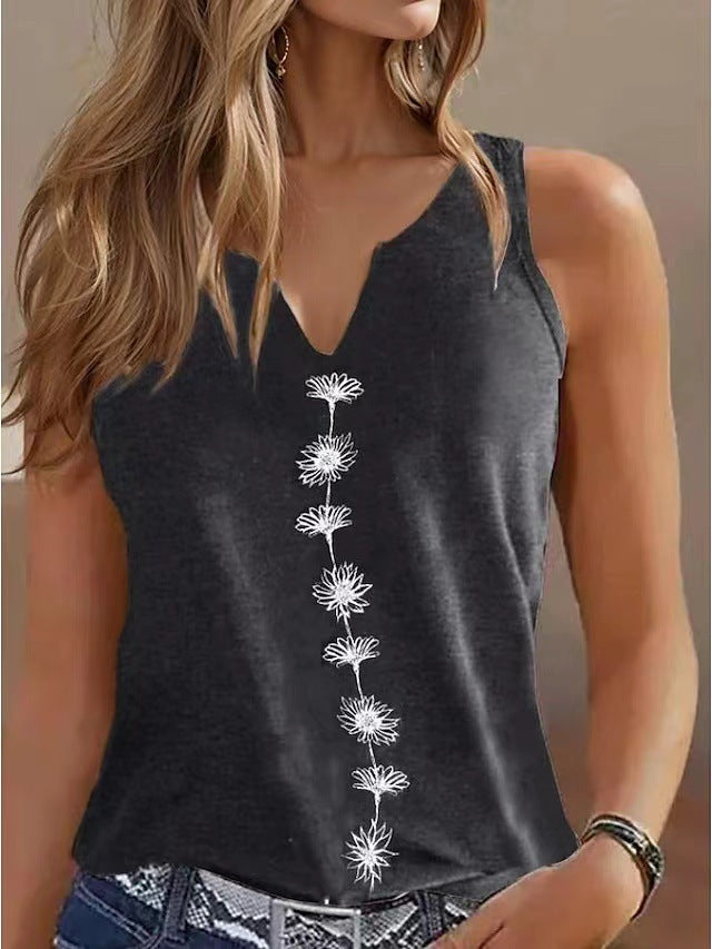 Casual Loose V-neck S Print Sleeveless T-shirt